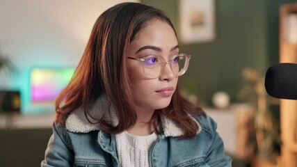 Poster - Woman, working and microphone or happy podcast, influencer and home for broadcast for live streaming gen z. Content creator, apartment and streamer for web chat, smile and online audience entertainer