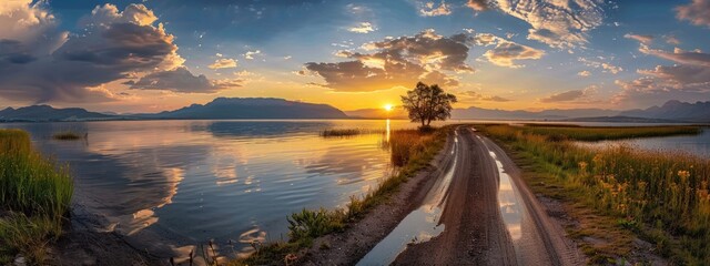 Wall Mural - Tranquil Sunset Over a Lake with a Lonely Tree