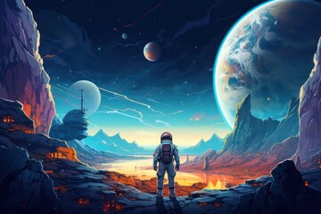 Wall Mural - An astronaut stands on a rocky outcrop and looks at the planet in the distance. The planet has a large moon, and the astronaut is wearing a spacesuit.