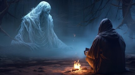 Canvas Print - A cloaked figure sits in front of a campfire, facing a ghostly white creature. Both are in a dark, foggy forest.