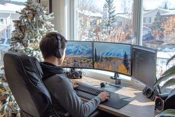 Poster - man works from home with mountain views on curved monitors in winter