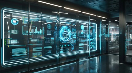 Leinwandbilder - A modern office with a large glass wall displaying a futuristic digital interface with glowing blue lines, graphs, and data visualizations.