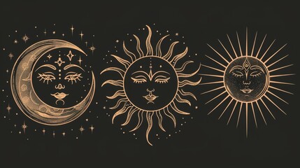 this image showcases a stylized sun, moon, and stars on a black background, with intricate details a