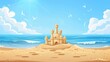 © Gia - A whimsical image of a sandcastle on a beach set against a blue sky with seagulls flying overhead, capturing the essence of a carefree summer day by the sea.