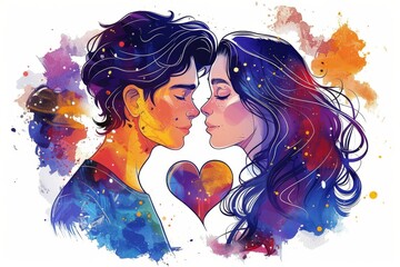 Poster - Colorful Portrait of a Couple in a Whimsical Setting Symbolizing Love and Connection