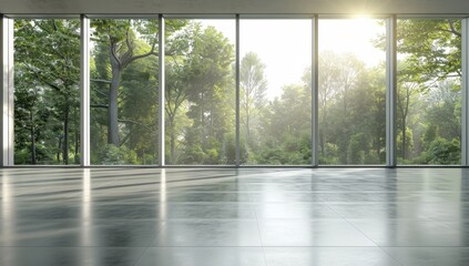 Wall Mural - A large empty room with floor-to-ceiling windows overlooking trees and greenery in a modern architectural style Generative AI