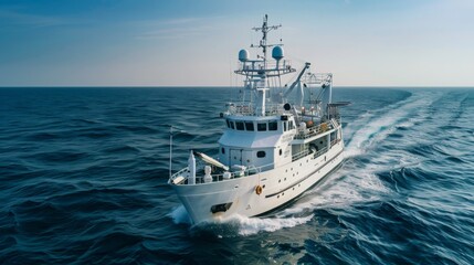 Aufkleber - A white research vessel sails through the blue ocean, leaving a wake behind it. The vessel has multiple decks and a variety of equipment, suggesting it is on a scientific mission.
