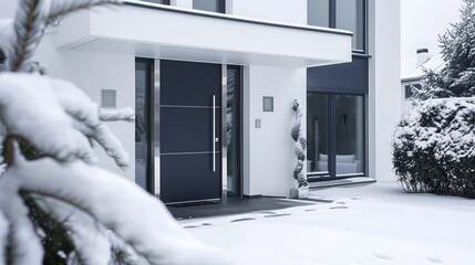 Wall Mural - matte navy door with stylish silver accents on a modern white house, sophisticated and striking agai