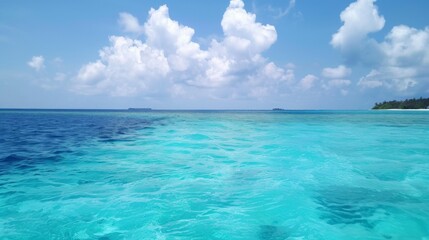 Wall Mural - A breathtaking view of crystal clear turquoise ocean waters stretching to the horizon beneath a sky filled with fluffy white clouds, evoking a sense of tranquility and freedom.