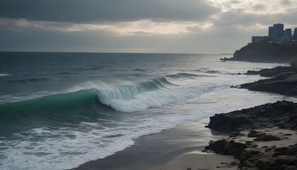 Ocean breaks on shore, The sea with a few waves