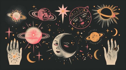 Wall Mural - an illustration featuring various celestial bodies, such as planets and stars, along with two hands,