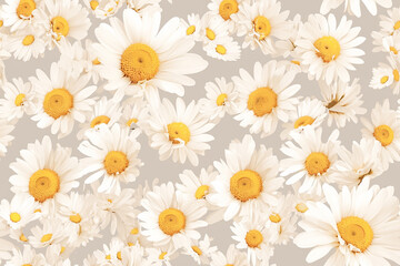 Poster - Bright seamless pattern featuring white daisies on a soft beige background. Perfect for fabric, wallpaper, and gift wrap.