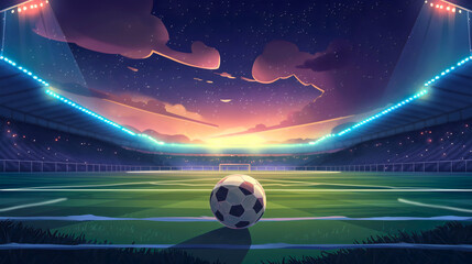 Wall Mural - Soccer ball on a grass playground stadium field, arena illuminated by spotlights under the starry night sky. Championship competition event, league tournament match