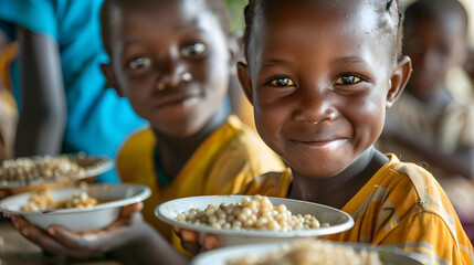 Wall Mural - Happy poor african school children eating together. Problems of hunger and lack of food in African countries. Generative ai