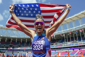 American Athlete Celebrates at Paris 2024 Olympics with Flag. A young American woman with light skin and blonde hair, wearing a blue uniform, jubilantly holding the American flag in a stadium.
