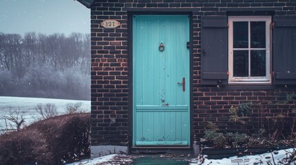 Wall Mural - pastel turquoise door with minimalist features on a dark brick house, lightening up a winter landsca