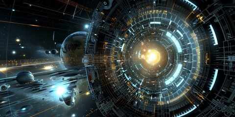 Poster - Futuristic Space Portal in a Cosmic Setting, Envisioning Advanced Technology for Interdimensional Travel and Exploration