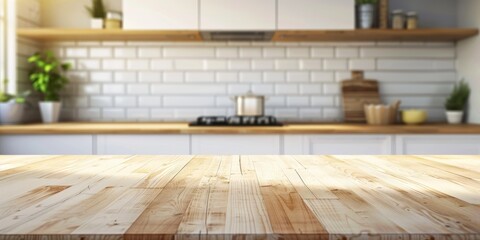 Wall Mural - Modern kitchen counter with plants and cooking utensils in a bright, stylish kitchen, ready for meal preparation.