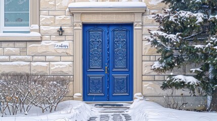 glossy royal blue door with intricate carvings on a beige stone house, bold and beautiful in a snowy setting