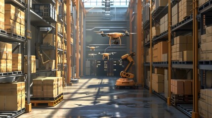 Aufkleber - A futuristic warehouse with shelves full of boxes and drones flying through the aisles. A robot arm is also present in the foreground, adding to the sense of automation.