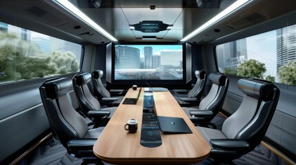 Poster - A modern bus interior with a large meeting table, comfortable seats, and a large screen. The bus is likely for business travel or commuting.