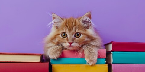 Wall Mural - Cute cat reads a book on an purple background with space for text. Banner, copyspace