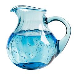 Blue glass pitcher or jug halfway filled with water isolated on transparent background. Fresh healthy cold pure liquid drink dishware bottle object with handle