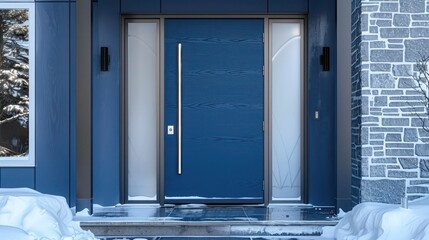 Wall Mural - lustrous sapphire blue door with modern brushed metal fixtures on a contemporary house, bright again