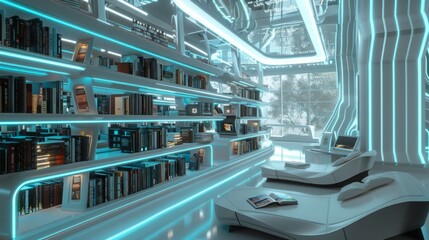 Poster - A futuristic library interior with blue lighting, featuring bookshelves lined with books and futuristic furniture.