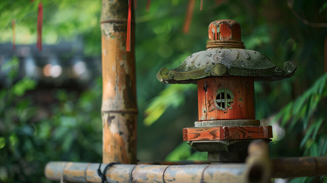 A japanese wooden lamp outside