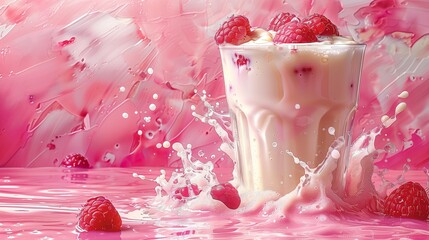 Sticker - Raspberry Milk Smoothie Splashing on Pink Background