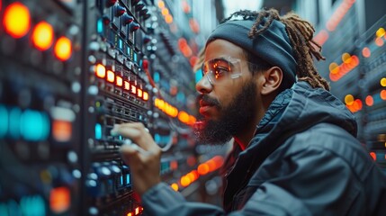 Poster - server room technician working on network connections during a late night shift