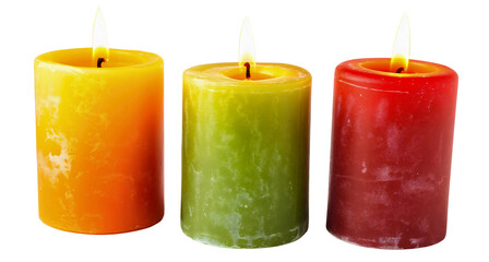 Group set of three decorative candles of different colors, orange, green and red, with small fire flame isolated on transparent background. Vintage aromatic romantic home relax object