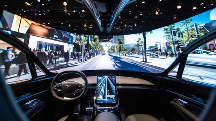 Poster - A cars interior featuring a large display screen showing a cityscape, highlighting the advanced technology and futuristic design of the vehicle.