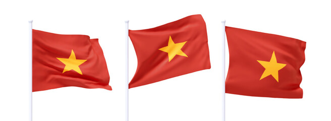 Wall Mural - Set of Vietnamese waving flag on flagpole. Realistic 3d design flag flies on the wind on isolated white background. vector illustration