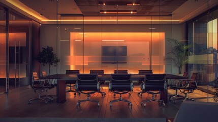 Wall Mural - A conference room with warm lighting, glass walls, and a long table with chairs.