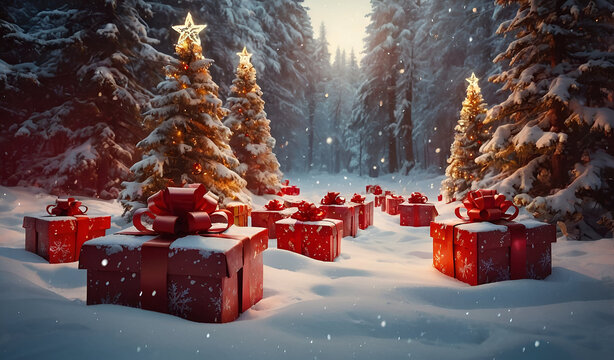 Illuminated christmas trees with red and golden garlands into a forest with snowy flakes with shape of stars close to xmas gifts in red boxes , Generative AI illustration