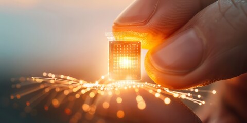 Leinwandbilder - Fingertip touching an illuminated microchip on a circuit board, emphasizing the integration of advanced technology and digital innovation
