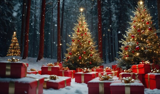 Illuminated christmas trees with red and golden garlands into a forest with snowy flakes with shape of stars close to xmas gifts in red boxes , Generative AI illustration