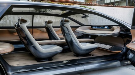 Poster - An interior view of an electric car concept showcasing its modern and spacious design. The seats are facing forward and the floor is made of wood-like material.