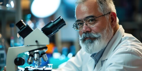 Poster - Scientist examining samples in a well-equipped lab, utilizing an advanced microscope and various equipment. AIG58