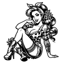 Wall Mural - classic pin-up farm girl illustration black and white vector