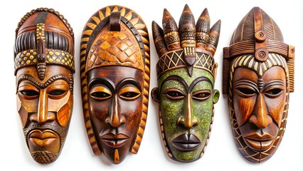 four traditional wooden african totem masks from nigeria isolated on white backround