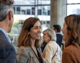 photo shows two women and one man in their late thirties smiling and talking to each other at an office event