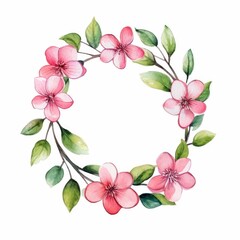 Wall Mural - Watercolor circle wreath with pink flowers. An image of circle picture frame decorated with pink flower and green leaves and separated with white background. Wedding and springtime concept. AIG35.