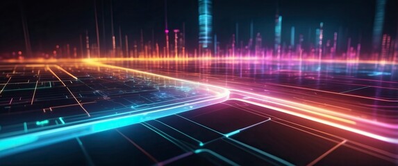Wall Mural - Futuristic digital grid with neon lights, abstract lines, and a cyberpunk atmosphere, perfect for tech themes, innovation concepts, and sci fi events