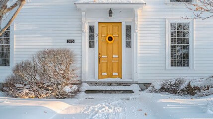 Wall Mural - radiant sunflower yellow door on a classic white house, bringing a touch of warmth to a snowy winter