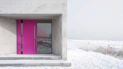 vibrant fuchsia door with sleek modern hardware on a minimalist concrete house, striking and vivid against the snowy landscape