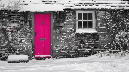 vivid cerise pink door on a traditional stone house, brightening the monochrome of a snowy day