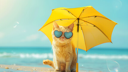 A sunny yellow cat with heart-shaped sunglasses and a lemon-yellow beach umbrella, spreading warmth and happiness on a bright summer day, suitable for travel and holiday designs with copy space.